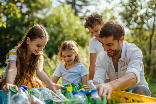 Recycling concept - happy family recycles plastic and glass bottles in colorful containers