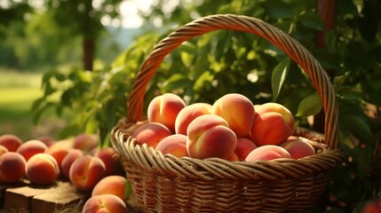 Charming display of fresh peaches in a rustic basket