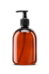 Amber clean transparent unbranded dispenser bottle isolated. Transparent PNG image.