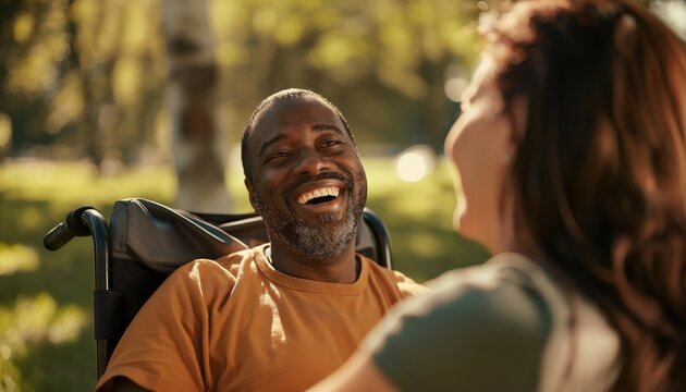 Happy black disabled african american middle aged man laughing in wheel chair and a female woman caregiver nurse taking care of him outdoors in a park on sunny day
