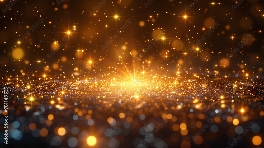 Poster a shining star, bokeh glitter and sequins with highlight effect, yellow explosion, glare, lines. tra