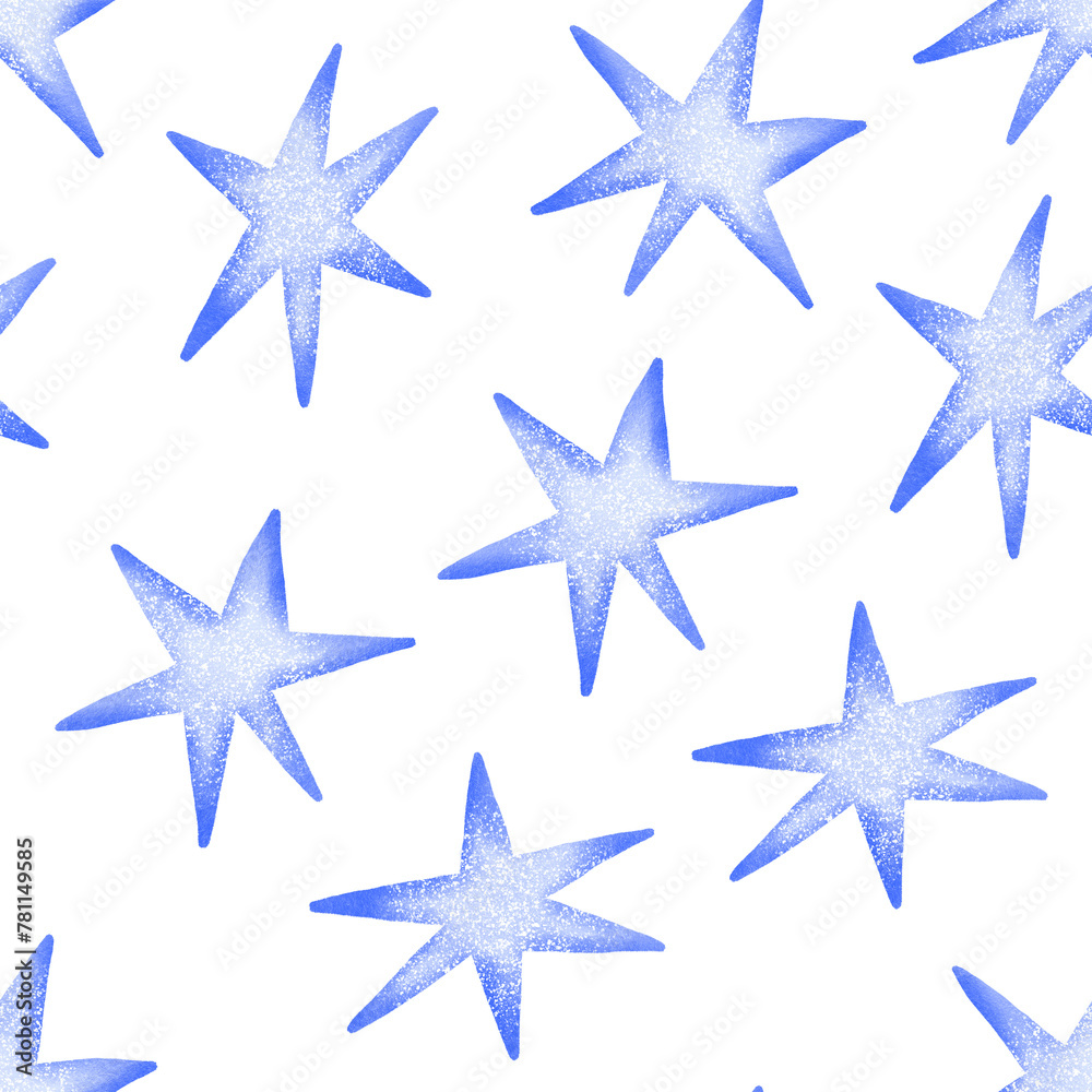 Wall mural Seamless background with blue stars. Minimalistic pattern. Hand drawn holiday illustration on isolated background