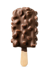 Chocolate coated ice cream popsicle with peanuts nuts on a stick isolated. Transparent PNG image.