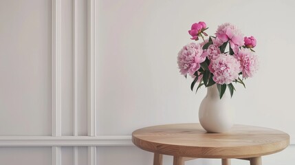 Scandinavian minimalist interior. vase of flowers on the table in a minimalist style. Cozy studio with sunlight and shadows