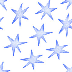 Fototapeta na wymiar Seamless background with blue stars. Minimalistic pattern. Hand drawn holiday illustration on isolated background