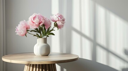 Scandinavian minimalist interior. vase of flowers on the table in a minimalist style. Cozy studio with sunlight and shadows - obrazy, fototapety, plakaty