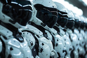 a group of people wearing white and black helmets - obrazy, fototapety, plakaty