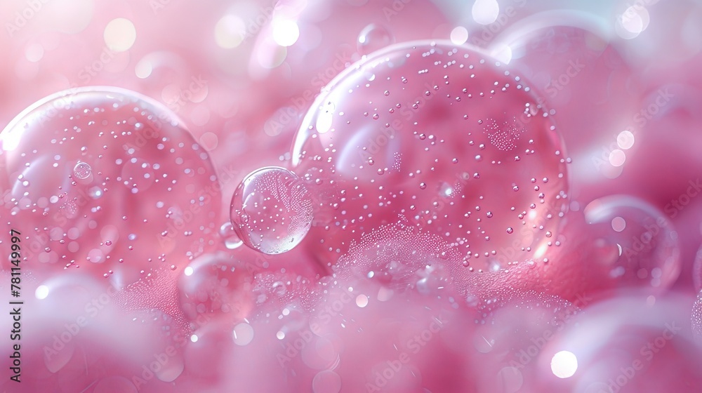 Poster collagen bubbles. sparkling bubble gum on a pink background. floating bubbles.