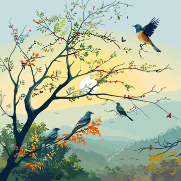 A painting of birds on a tree branch with a blue sky in the background. The birds are perched on the branches and one is flying. The painting has a peaceful and serene mood