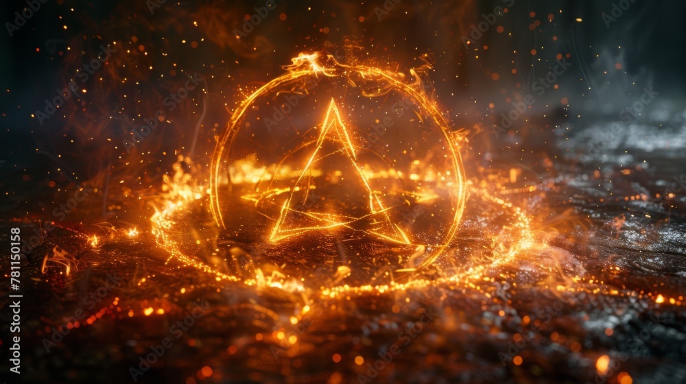 Poster A magic and witchcraft circle adorned with runes. A mysterious fire portal sign with strange flame sparks. Decoration element for magic doctors, shamans, mediums. Transparent background with a