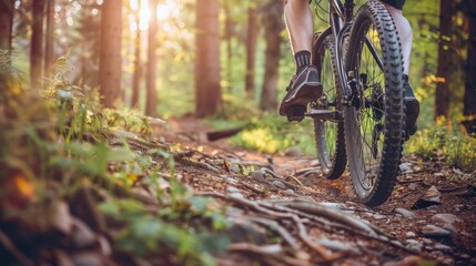 Mountain biking in forest. Generative AI - obrazy, fototapety, plakaty