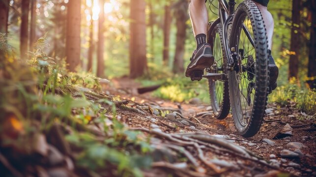 Mountain biking in forest. Generative AI