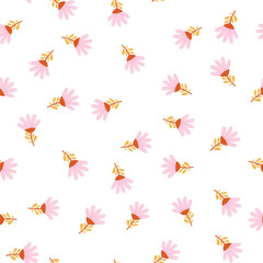 Seamless pattern with flowers. Simple vector flowers. Leaves, branches. Pattern with ornamental grasses. Flat style. Fabric design, textiles, print.