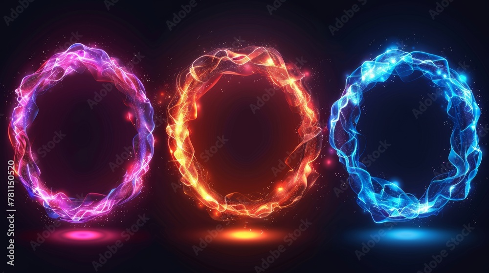Fototapete a set of glowing neon color circles round curve shape and wavy dynamic lines isolated on black backg