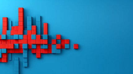 A blue background with red and blue blocks. The blocks are arranged in a way that creates a sense of movement and energy. The image conveys a feeling of excitement and dynamism