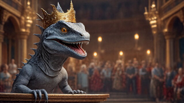 an intelligent grey humanoid lizard without tale with a golden crown on his head covered with shiny scales toothy maw stands behind a podium in the big crowded hall of an ancient theater.  