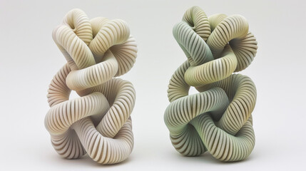 Two sculptures of twisted shapes made of clay. One is white and the other is green. The sculptures are arranged side by side on a white surface