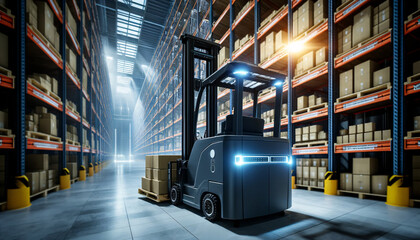 an automated guided vehicle (AGV) forklift operating in a modern warehouse