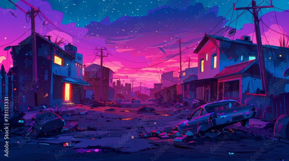 Wall mural In a ghetto street at night, old abandoned buildings lit up by street lamps, car bodies, and strewn litter. Cartoon modern illustration.