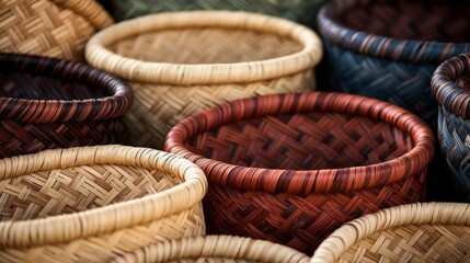 Stack of woven baskets in orderly arrangement