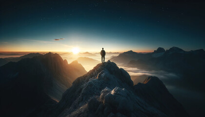  a lone adventurer standing on a mountain peak at dawn