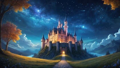 Fototapeta premium A majestic fantasy castle stands under a starry night sky, its turrets and spires bathed in warm light, creating a scene of magical allure. AI Generation
