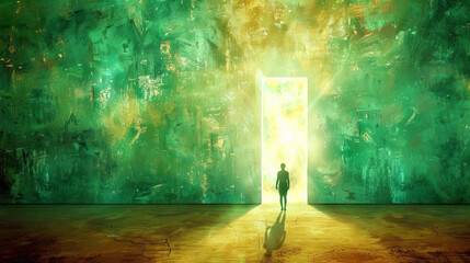 A person is standing in front of a large open door in a green room. The room is filled with light and the door is wide open, creating a sense of freedom and possibility