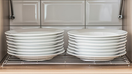 A rack of white plates sits on a counter. The plates are stacked in a neat pile, and there are at least 12 plates visible. Concept of order and cleanliness, as the plates are arranged in a tidy manner