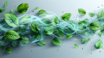 With flying green leaves, a blue wind flows, air flows, and waves. Modern illustration of a fresh wind motion with mint leaves isolated on transparent background.
