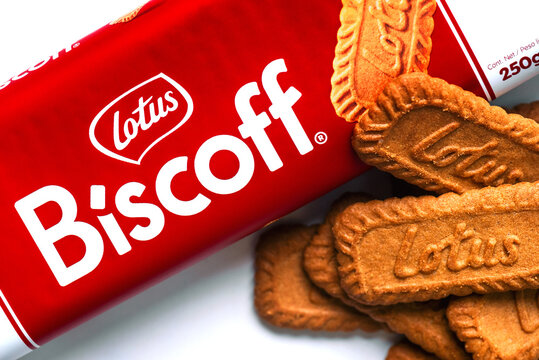 Close up of Lotus branded Biscoff snack pack of Belgian biscuits. Illustrative editorial