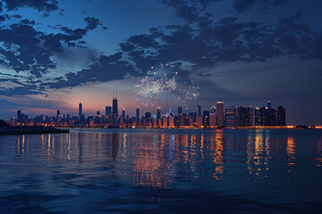 4th of July serenity: Fireworks twinkle over Chicago's dusk-lit skyline and calm waters - obrazy, fototapety, plakaty