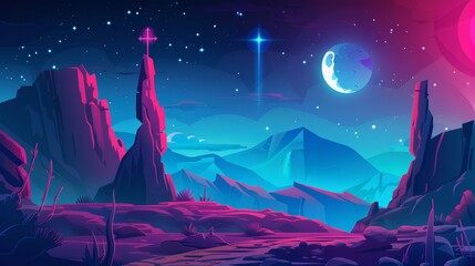 Fantasy mountains, book or computer game scene, futuristic landscape background with glowing moon or satellite above rock cliff in dark starry sky. Cartoon modern illustration. - obrazy, fototapety, plakaty