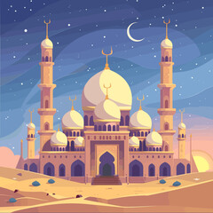 A beautiful Islamic mosque with a large moon in the sky