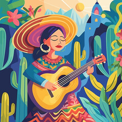 A Latin America woman in a colorful dress is playing a guitar in a lush green field