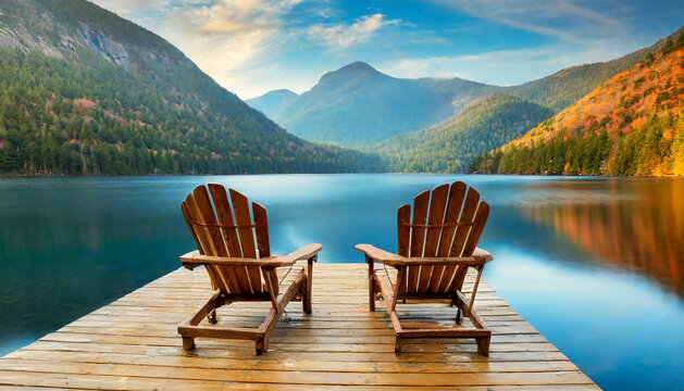 Close-up of two wooden Adirondack Chairs on a small wooden pier on the coast of a beautiful mountain lake, concept of relaxing vacations in the mountains. Generative Ai.
