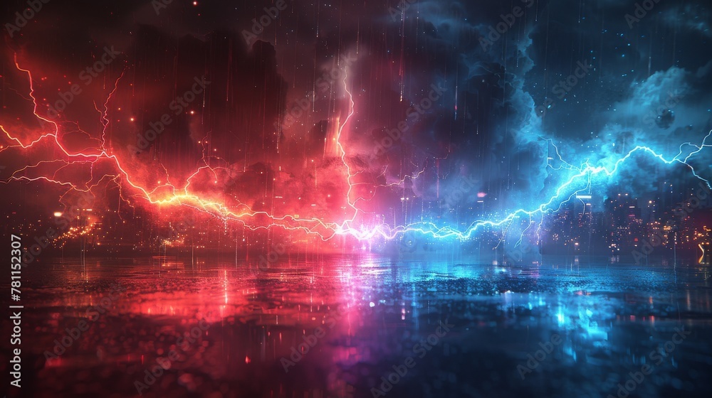 Aufkleber an opposing banner. lightning strikes. in a confrontation template, the colors are red and blue. thu