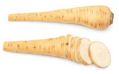 sliced parsnip root isolated on white background. clipping path