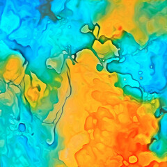 Acrylic oil background with blue turquoise and yellow elements, oil brush strokes, veins