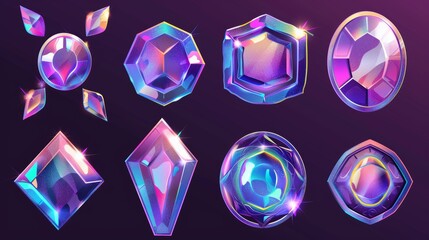 Round, square, oval, rhombus, and wavy holographic labels in foil or silver colored blank rainbow shiny emblems. Realistic 3D modern illustration.