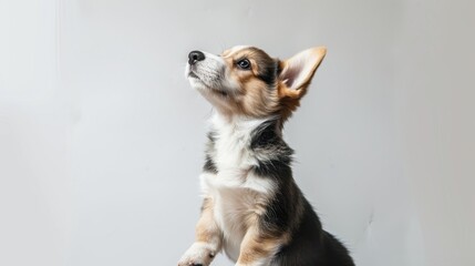 The dog is standing with his hind legs crossed on a white background in this studio portrait of a Pembroke Welsh Corgi puppy