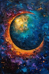 Space mysterious themed abstract of stars, moon, and celestial, palette knife oil painting, on a richly colored background with dynamic lighting