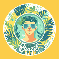 A man wearing sunglasses and smiling with the word Brazil written around him. The image has a tropical vibe with lots of green leaves and bright colors