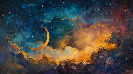 Abstract, colorful celestial scene with stars and moon, space mysterious theme, oil with palette knife, against a multihued background with theatrical lighting - obrazy, fototapety, plakaty
