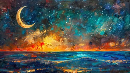 Abstract, colorful celestial scene with stars and moon, space mysterious theme, oil with palette knife, against a multihued background with theatrical lighting