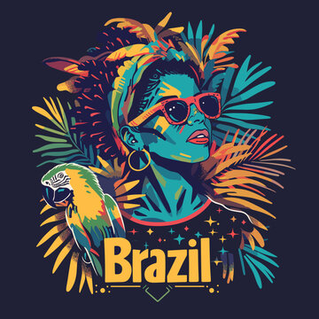 A colorful painting of a woman wearing sunglasses and a headband with a parrot on her shoulder. The woman is wearing a bikini and the background is a tropical setting. The painting is titled "Brazil"