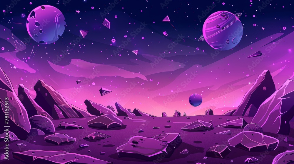 Wall mural space background with purple planet landscape, stars, satellites, and alien planets in the skies. ca