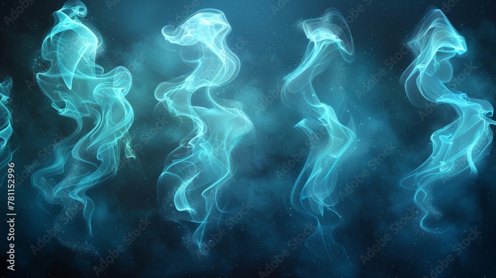 Poster modern set of turquoise air wind flow modern effects. magical 3d swirl with frosty breath streams. f