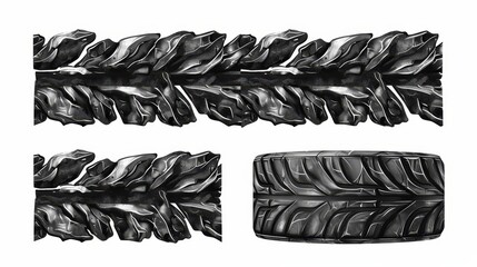 The tracks left by black car tires on a dirt road or in the dirt, Isolated on a white background with grungy winding trace from the rubber wheels. Modern graphic illustration showing tread marks from