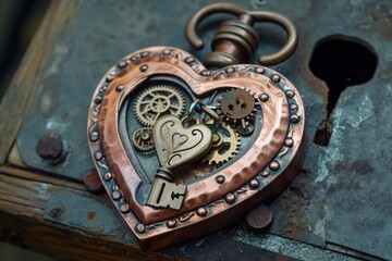 A close-up photo of a heart shaped key with intricate gears attached to it, showcasing the fusion of romantic and mechanical elements, A steampunk style love heart lock and key, AI Generated