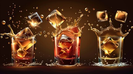 Isolated summer cocktail or whiskey alcohol beverage with ice cubes splashed in a glass cup of liquor. Realistic 3D modern illustration.
